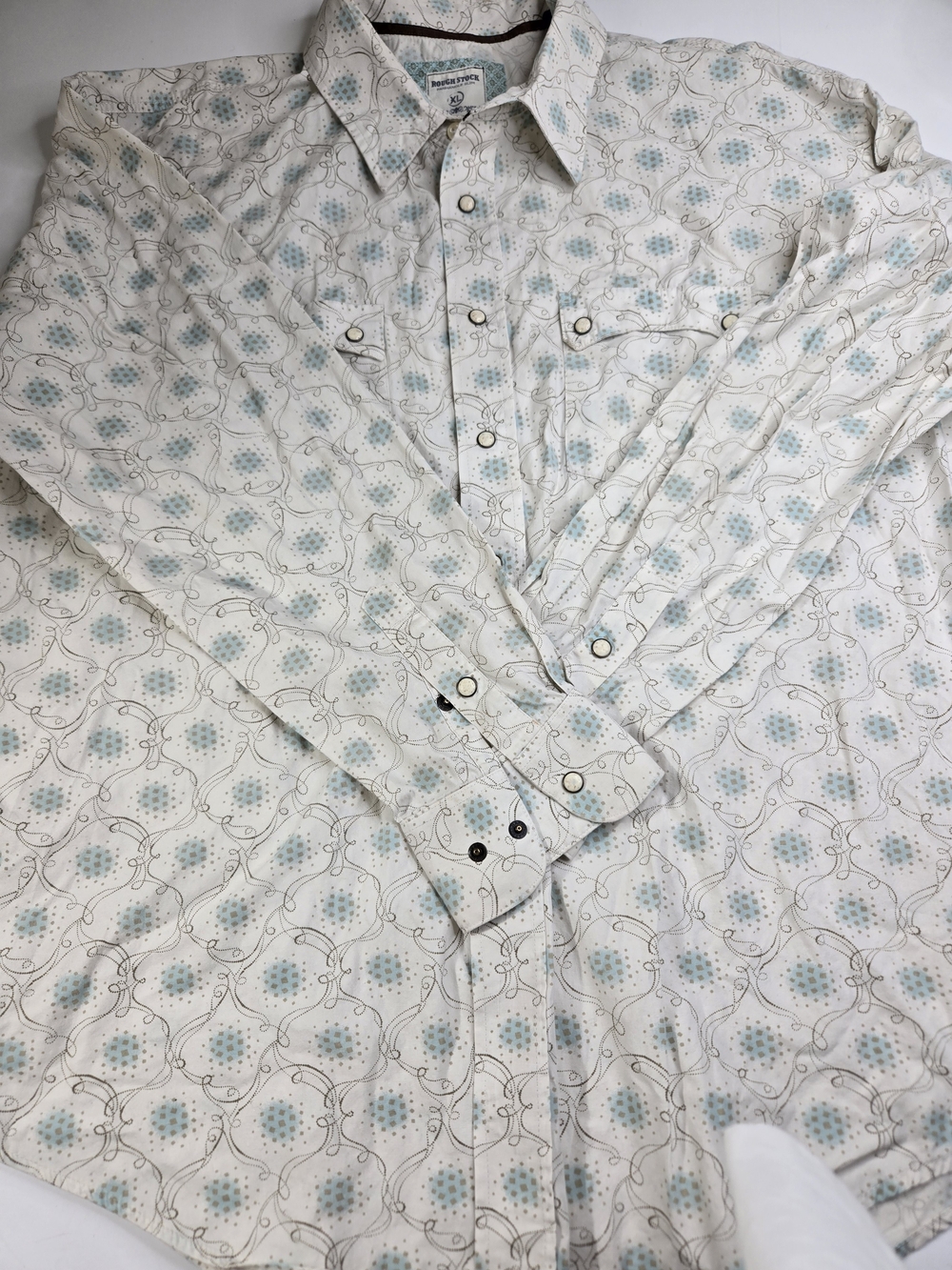 Panhandle Slim Women's White Button-Down Shirt with Light Blue Pattern